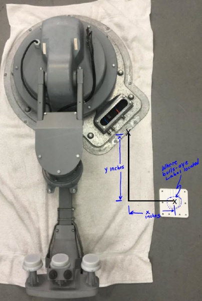 Looking for mounting location for 2019 RS Legacy 38RE relative to the bulls-eye label found on roof. (Note: Shown without dish)