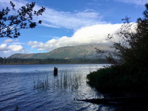 Looking West on our little private beach on First Lake, Nanaimo Lakes BC.