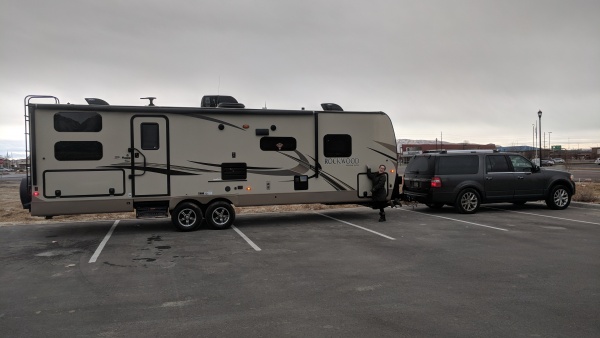 Lovely wife modeling the camper