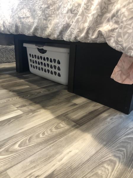 MASTER BEDROOM CUSTOM CLOTHES BASKET RECESS SO DON'T HAVE TO DISTURB PERSON SLEEPING TO ACCESS IT