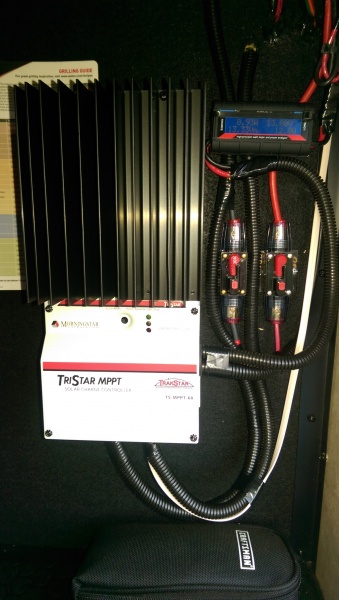 Morningstar MPPT TS-60 Charge Controller 2/30 amp breakers the one on the left feeds 200 watt Solar string and the one on the right feeds the 320 watt