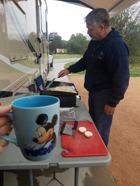 Mother Neff State Park...Cooking breakfast and the wife's coffee cup. Very nice park.