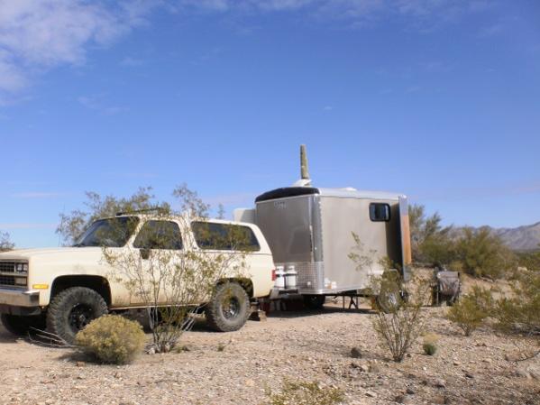 My first TT - A custom built, off-road Cargo trailer with 24" ground clearance; the same as my old K5 Blazer. Camp set up for a prospecting trip near 