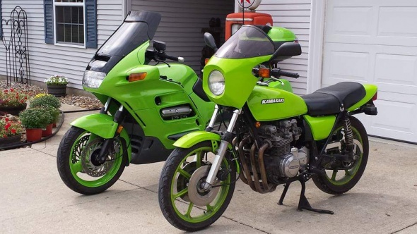 My street bikes, Both Green now. a 1978 Kawasaki KZ650C2 & a 2000 Honda ST1100.