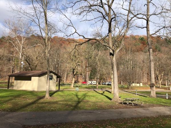 One of the outlying restrooms open, very clean, nicely warm, potable water available in the winter off-season