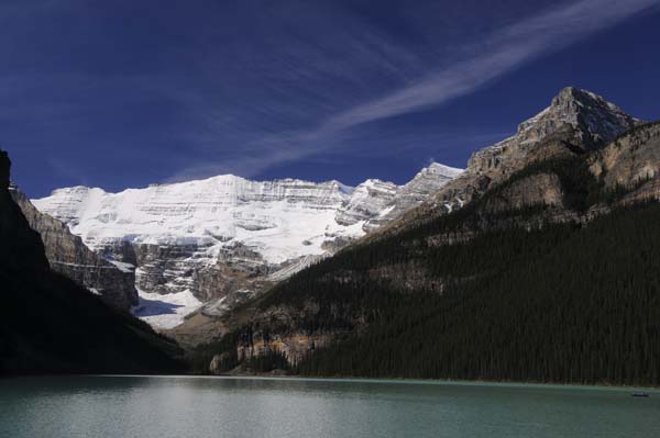 Our first look at Lake Louise. The deep blue sky resulted from underexposing the image to prevent the snow from becoming washed out.