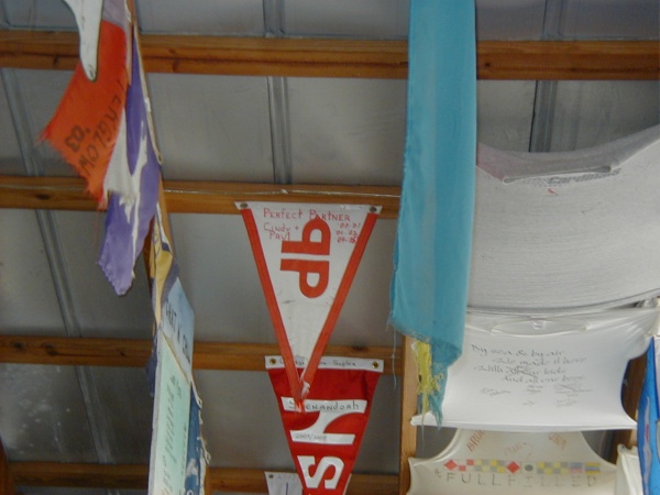 Our flag hanging in the Chat n Chill, Stocking Isl. Bahamas. This was at the end of our last trip, 4-13-05.