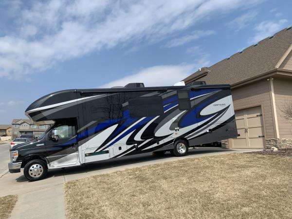 Our new RV “Blue Jay” arrives at home.