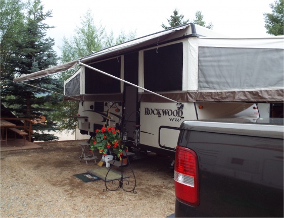 Our Rockwood HW276 is called the Cairngorm Cottage. This is how we look set up at the KOA in Estes Park, where we go for the Longs Peak Highland Games