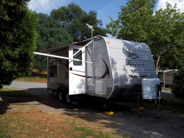 Our trailer all set up and ready to camp in.