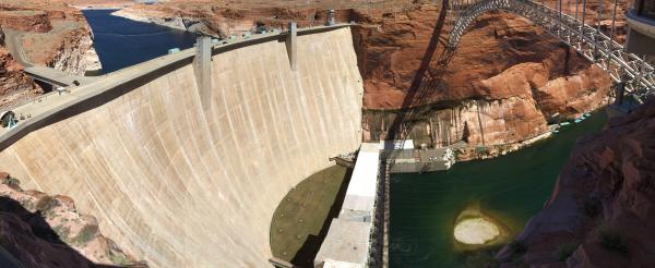 Panorama of Glen Canyon Dam - Lake Powell to the left, Colorado River to the right