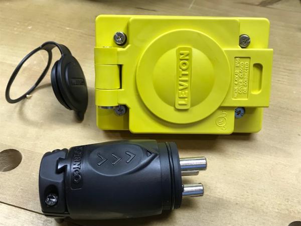 Portable Solar Panel Plug Option: Pairing a Marinco Trolling Motor Plug/Socket with a Leviton WetGuard waterproof plug cover. May prove to be more wat