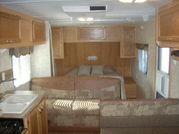 queen bed on the front...curtain separates "bedroom" area from the rest of the camper...