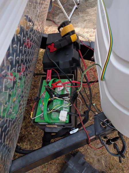 Rats nest of inverter, solar panel, battery monitor, etc...  Need to install this stuff permanently.