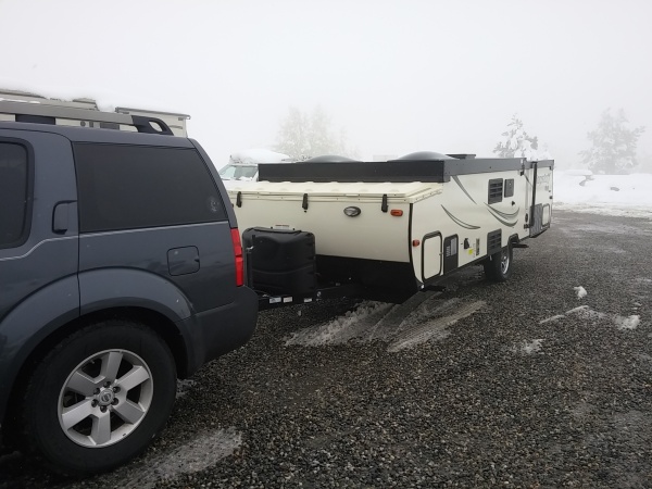 Right after arriving at campground, it was still snowing and foggy. This was its maiden voyage having been picked up in Denver that morning. Probably 