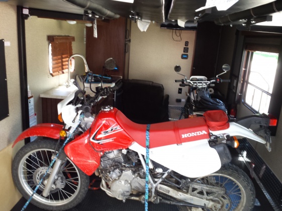 Rubber wheels on rubber floor.  The bikes are going no where. We love our new camper so far. 
will take it out for it's maiden voyage next week for 5 