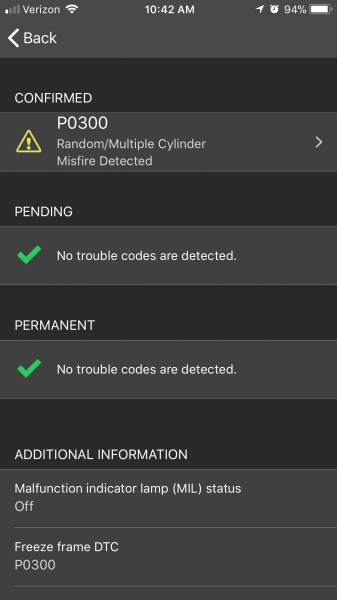 Screen copy of error P0300 referred as Malfunction Indicator Lamp (MIL)