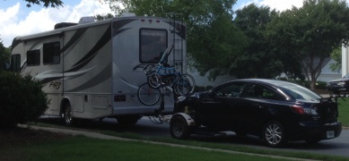 Setup with Bikes and Mazda 3 in tow to Pine Mountain RV Resort near Callaway Gardens and The Little White House in Warms Springs GA.  Less than 2 hour