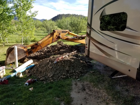 Sewer repair work behind our temporary "site" at Bauers Ranch RV park in Glendale, Utah