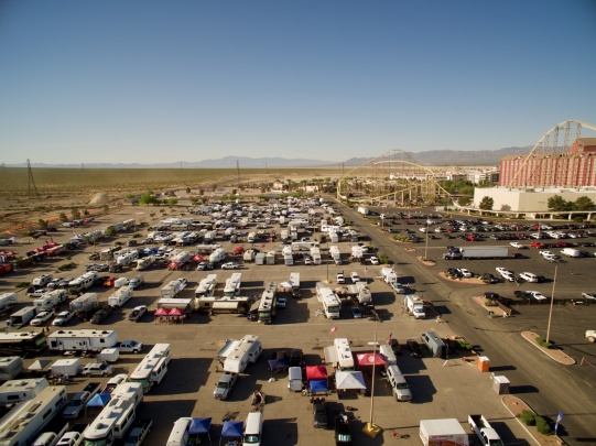 shot of RV’s camping out & the roller coaster at Buffalo Bills