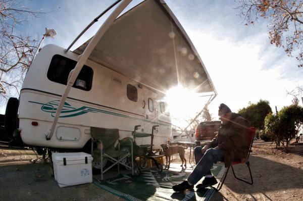 Sunrise at Santee Lakes RV Recreational Park, outside San Diego.