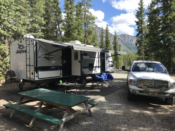 Takhini River Campground - KM15 Kusawa Road (KM1489 Alaska Highway)
Lat: 60.65386 Long: -136.10297  
Elevation: 2203' (approx.)
We are lucky that this