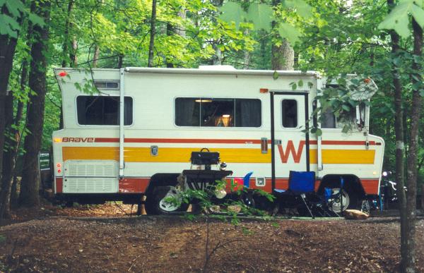 The 75 Winnebago Brave D-21 at Virginia's Fairystone State Park. The Dodge M series chassis was a tough one.  Dodge 440 powered.