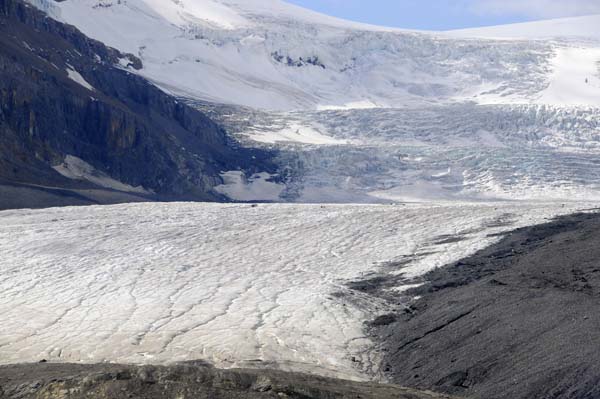 The Athabasca Glacier near Jasper, Alberta. Just to the left of center in the photo, the dot you see is a trundra buggy, which is the size of a school