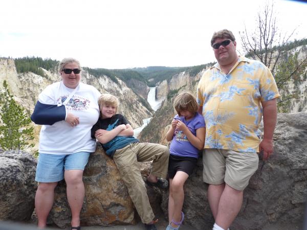 The Canyon Falls blocked by myself with family.  Canyon Falls campground and visitors center is nice, not quite as packed in as the Fishing Bridge CG.