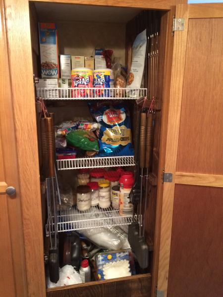 The closet was a big open space that we would never fully use as a closet so we decided to split it in half making a pantry. Cut 20" deep wire shelf a