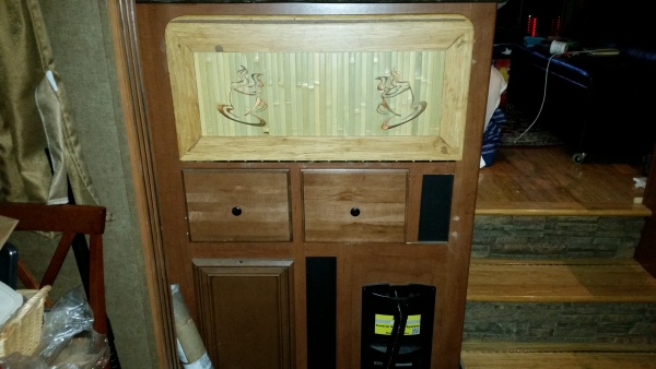 The fold down bar top I made in the closed position.
The left drawer holds one box  (80 K-Cup pods) of coffee perfectly.
The Right drawer holds a vari