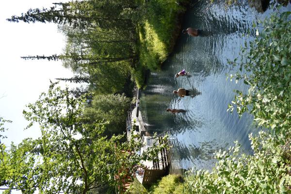 The hot springs pool is improved a bit - there are dressing rooms and stairs.  Water temperatures are hotter upstream, and cooler (but not cool) downs