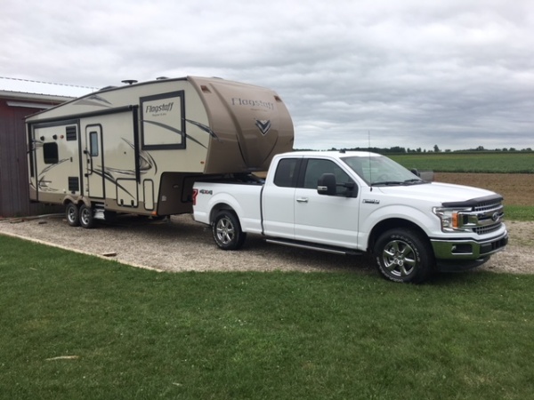 The new truck.  2019 F-150 3.5l Ecoboost, Max Tow package.  Rated payload: 1950 lbs.   Pin weight: 1421 pounds.  Loaded trailer weight: 8700 lbs.