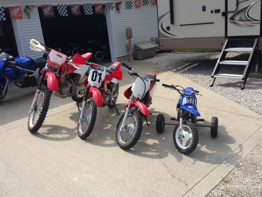 The off road toys for myself, and the grandkids. Honda 2004 CRF230F, 2003 XR80R, 2002 XR70R, & a 2004 Yamaha PW50.