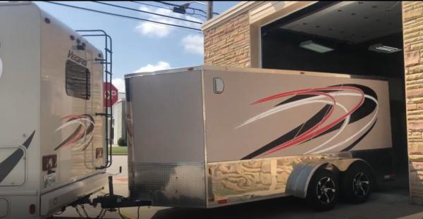 Thor Trailer Pulling Out of the Garage