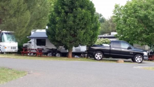 Trailer and pickup at our site. For a couple more dollars, I got a pull thru.