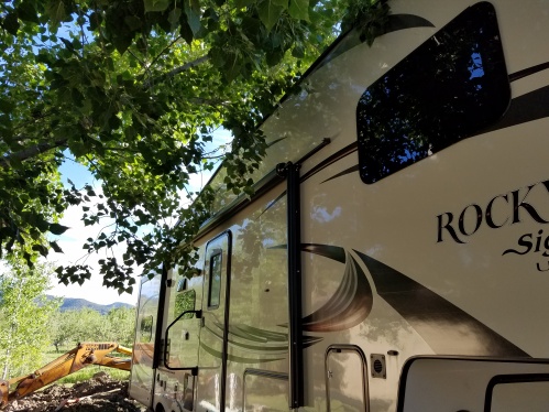 Tree in the way of camper at our temporary "site" at Bauers Ranch RV park in Glendale, Utah