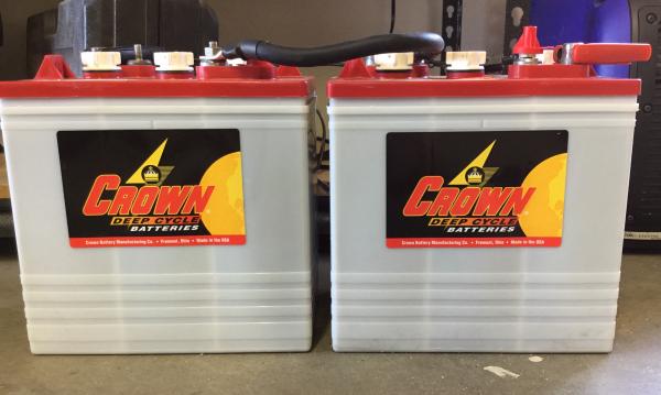 Two Crown CR235 six volt batteries wired in series to give 235 AH at 12 volts