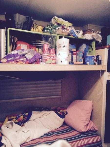 upper bunk pantry - when you need food space for growing kids more than sleeping areas in a tiny camper