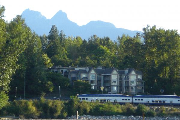 View across to Maple Ridge from Derby Reach
That is the West Coast Express commuter train.  Lots of trains passing along.