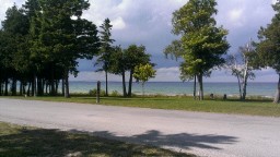 View of Mackinaw Bridge from campsite at Mackinaw Mill Creek Campground.