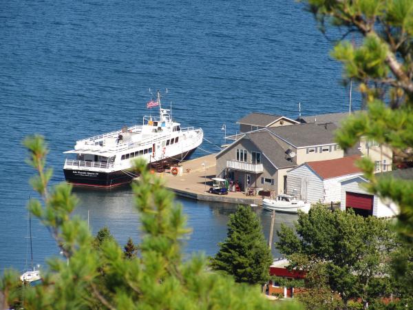 View of the Isle Royale boat in Copper Harbor from Brockway Mountain Drive