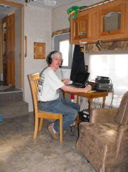 We leave one of the swivel rockers at home to make room for the home made amateur radio table. Table is good for other stuff, too.