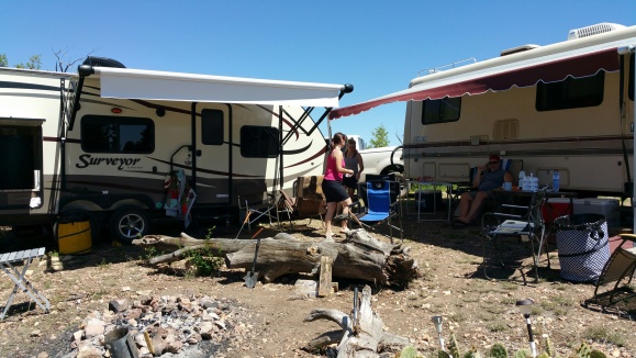 We parked the RV's perpendicular to each other.  This made a nice wind break and a offered the greatest amount of shade (which was good cuz it was HOT