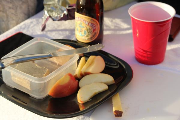 We were too tired to go out to eat so may do with odds and ends from the trip. Irish cheddar, pate, apple, beer and wine.