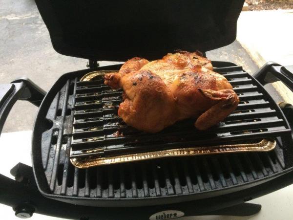 Weber Q 1200, can do a roast chicken. Only one burner so the heat is very even, maintains a perfect 325° at a medium setting. Economical on propane. G