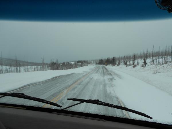 Wyoming highway 89 north of St Mary blowing snow